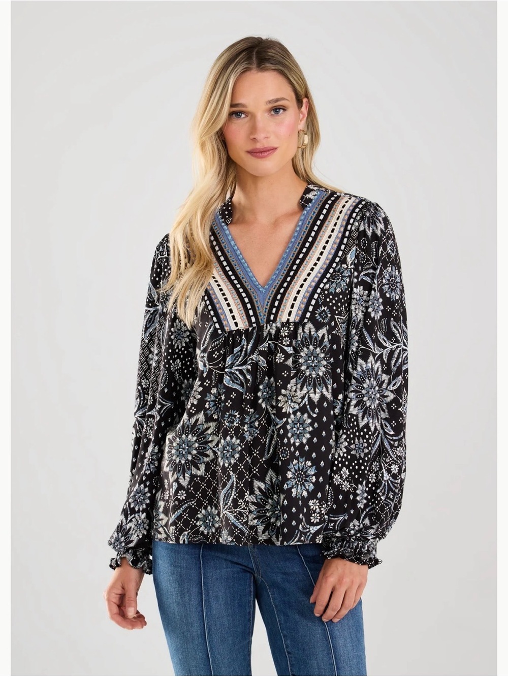 FDJ Boho Floral V-Neck Long Sleeve Viscose Blouse Size L